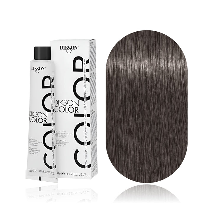 Dikson Color 6.11 Dark Blonde Intense Ash permanent hair color tube, box and hair swatch