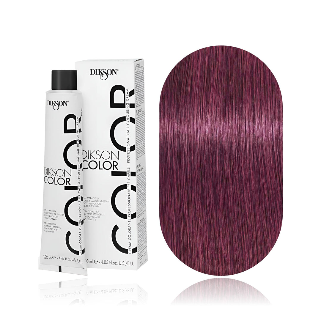 Dikson Color 6.26 Dark Blonde Red Violet permanent hair color tube, box and hair swatch