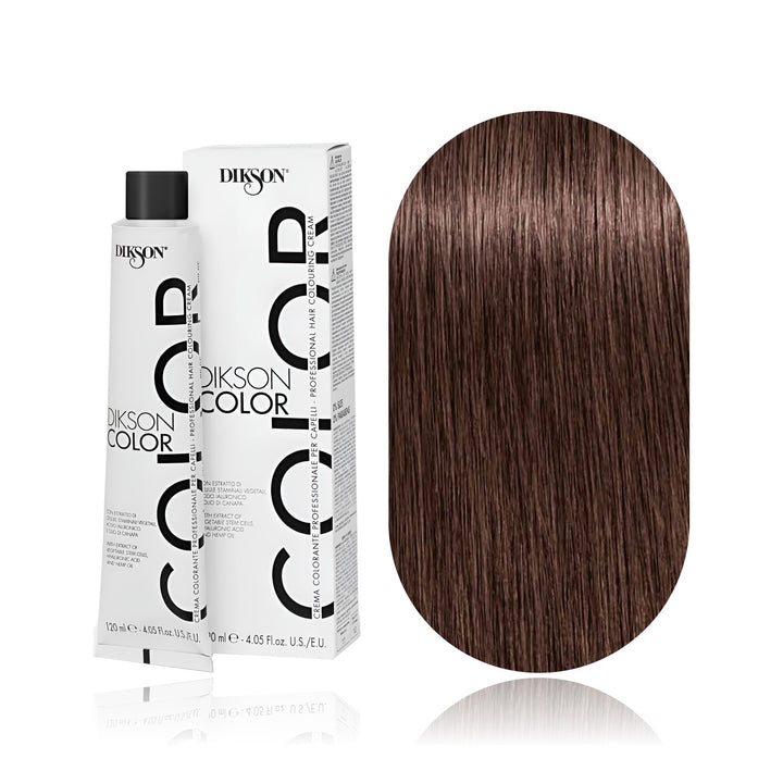 Dikson Color 6.72 Dark Blonde Chocolate permanent hair color tube, box and hair swatch