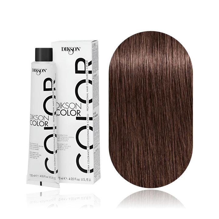 Dikson Color 6.72 Dark Blonde Chocolate permanent hair color tube, box and hair swatch