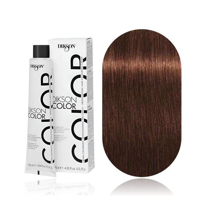 Dikson Color 6.73 Dark Blonde Tobacco permanent hair color tube, box and hair swatch