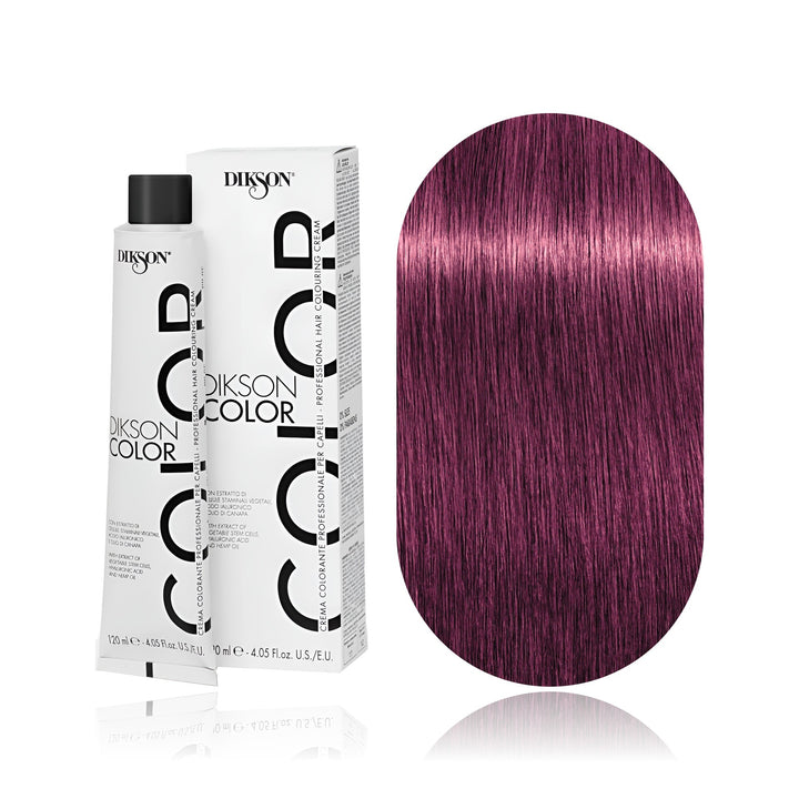 Dikson Color 7.22 Blonde Intense Violet permanent hair color tube, box and hair swatch