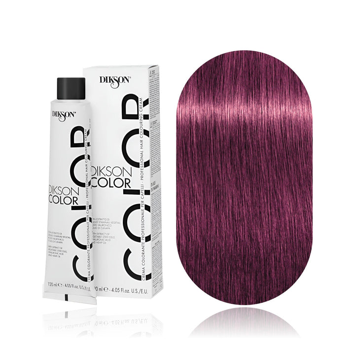 Dikson Color 7.22 Blonde Intense Violet permanent hair color tube, box and hair swatch