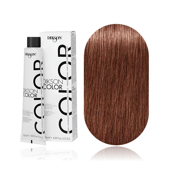 Dikson Color 7.34 Golden Copper Blonde permanent hair color tube, box and hair swatch