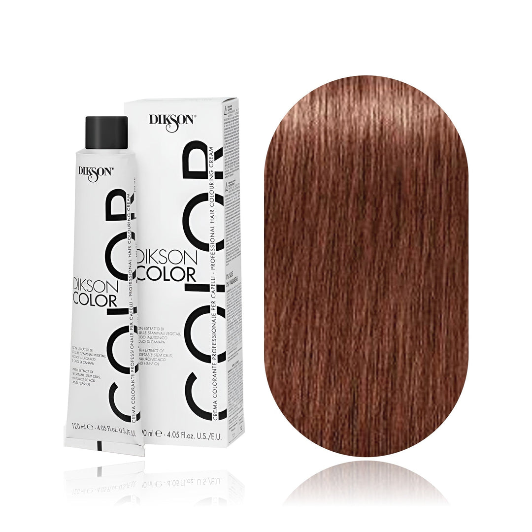 Dikson Color 7.34 Golden Copper Blonde permanent hair color tube, box and hair swatch