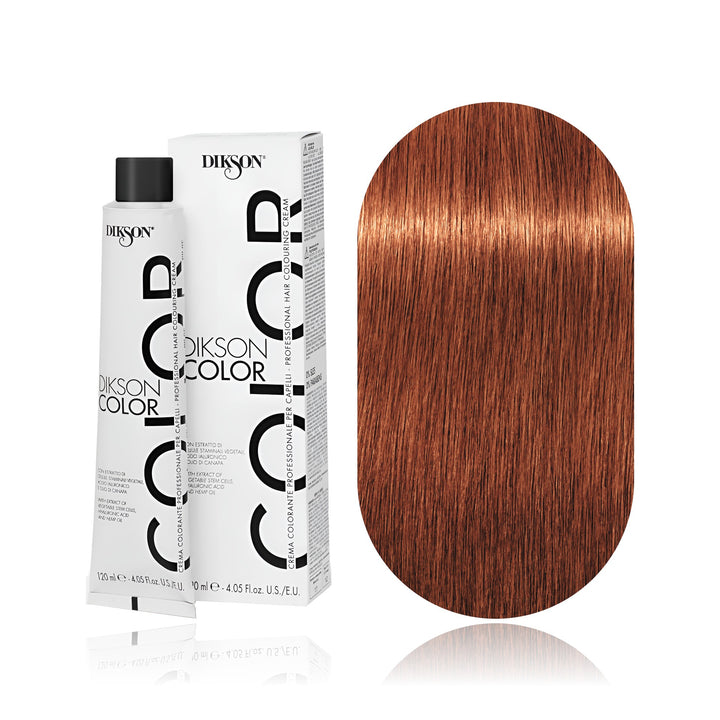 Dikson Color 7.4 Blonde Copper permanent hair color tube, box and hair swatch