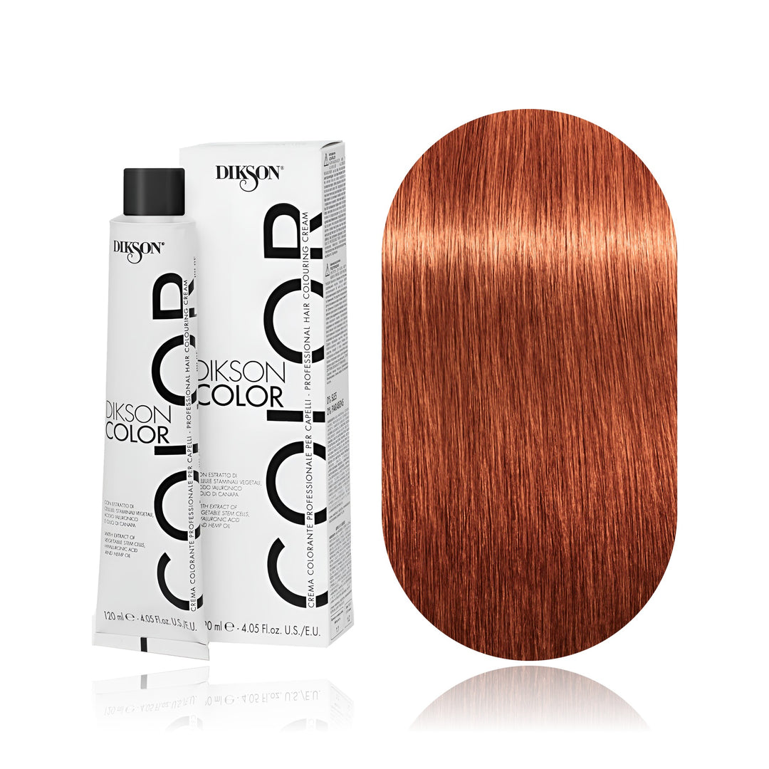 Dikson Color 7.44 Intense Blonde Copper permanent hair color tube, box and hair swatch