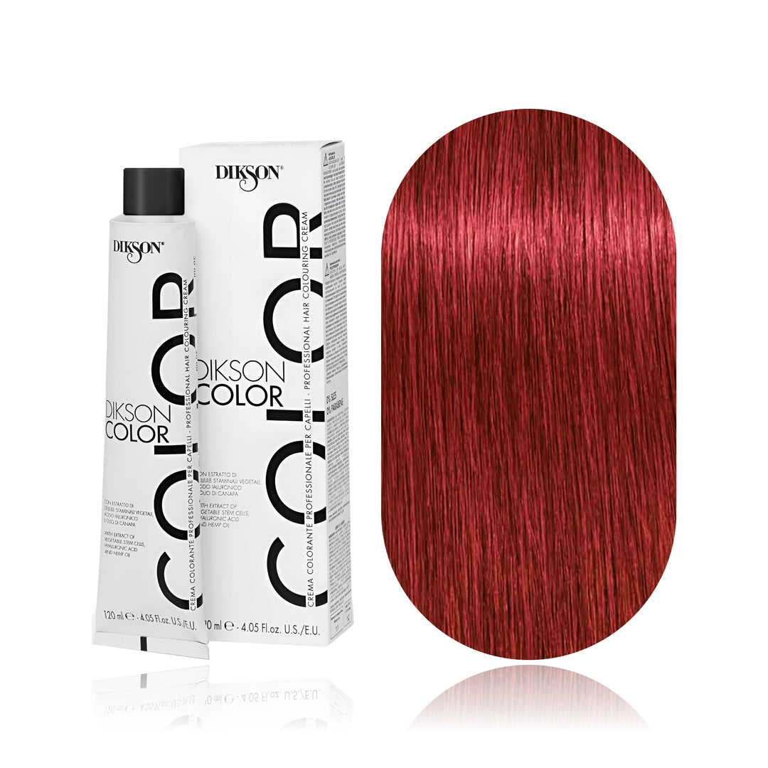 Dikson Color 7.66 Blonde Intense Red permanent hair color tube, box and hair swatch