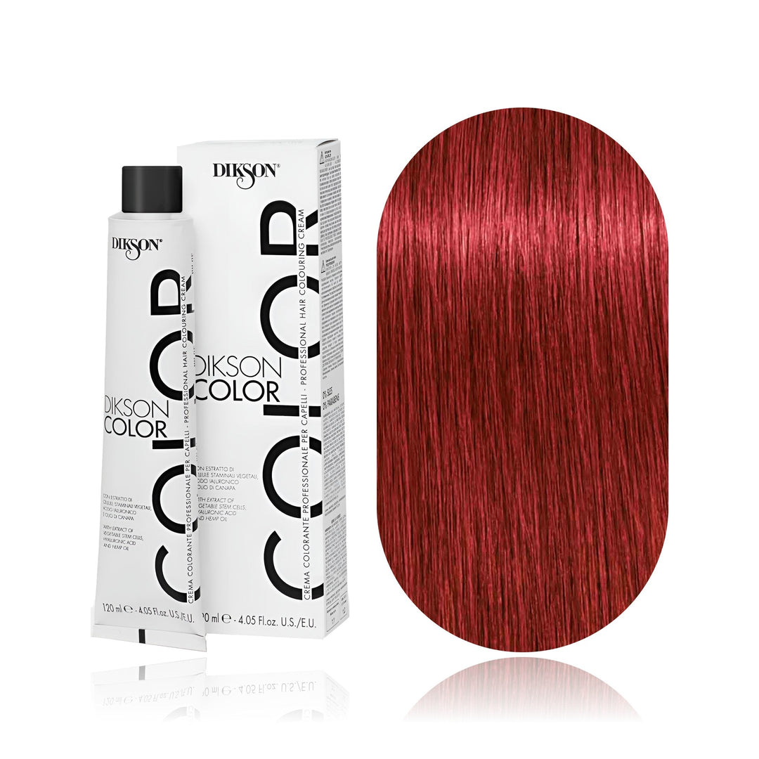 Dikson Color 7.66 Blonde Intense Red permanent hair color tube, box and hair swatch