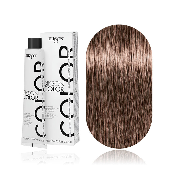 Dikson Color 7.7 Blonde Brown permanent hair color tube, box and hair swatch