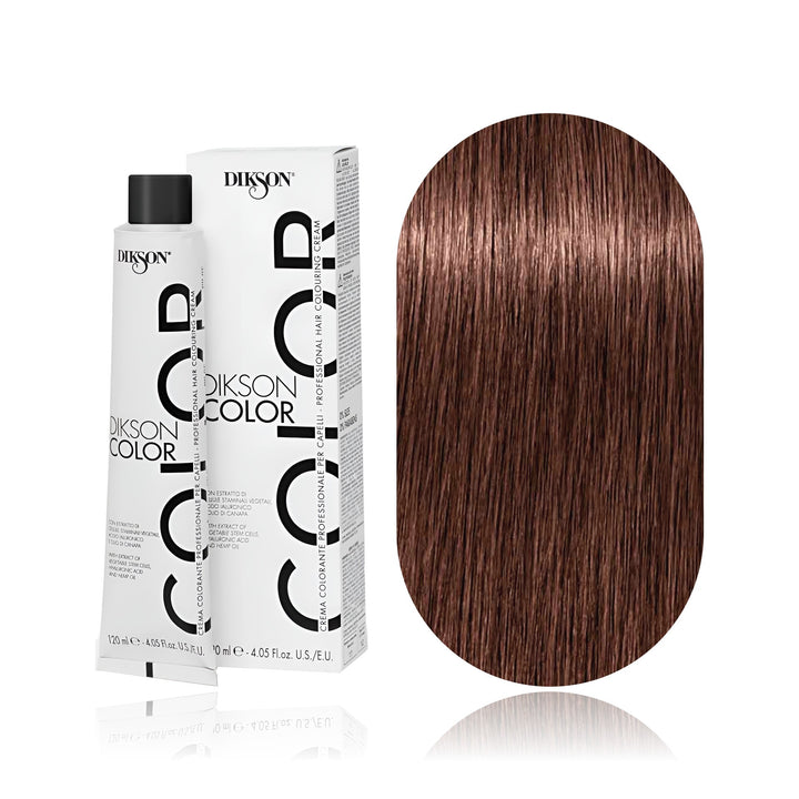 Dikson Color 7.72 Blonde Chocolate permanent hair color tube, box and hair swatch