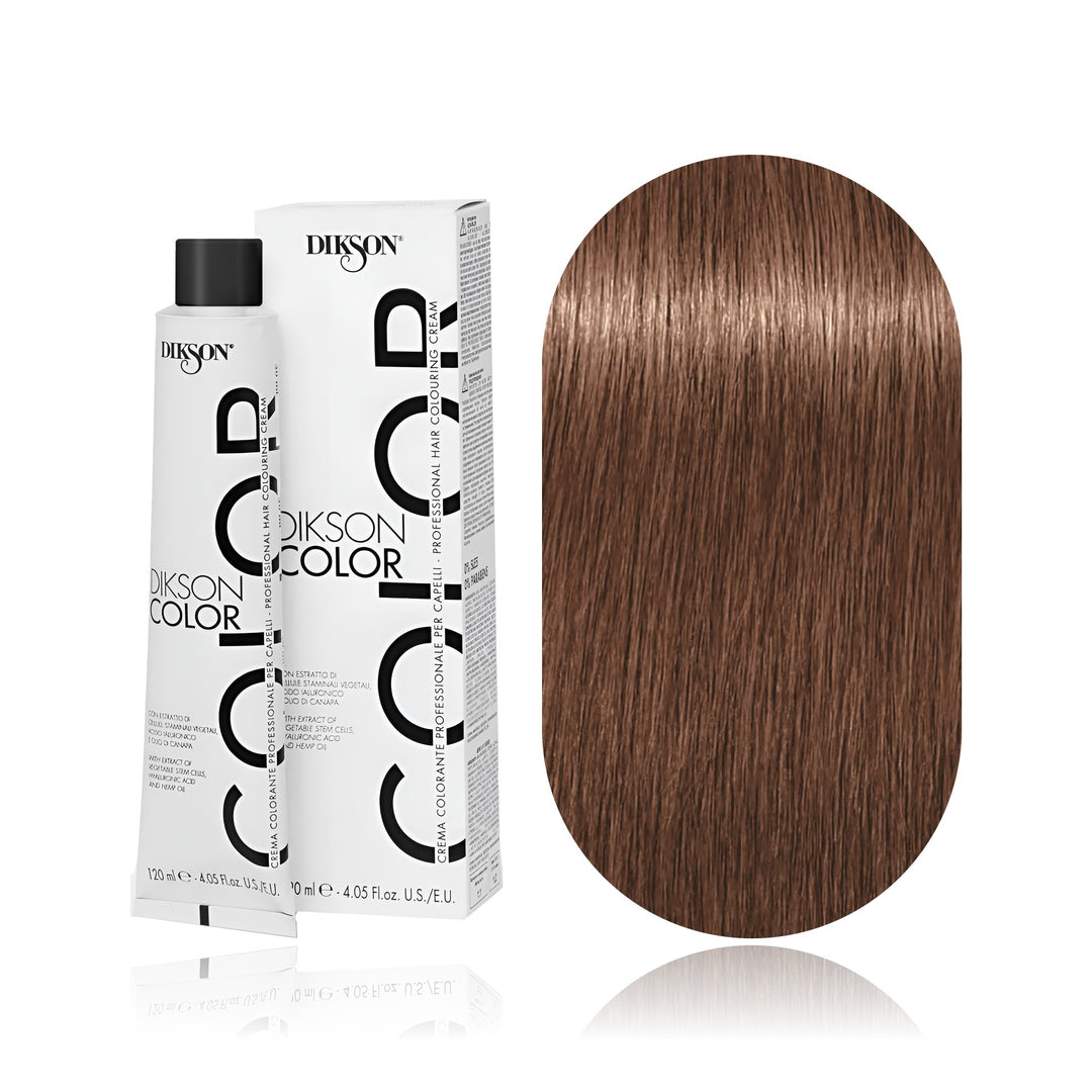Dikson Color 7.73 Blonde Tobacco permanent hair color tube, box and hair swatch