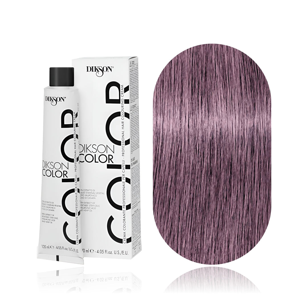 Dikson Color 8.02 Light Blonde Violet Pastel permanent hair color tube, box and hair swatch