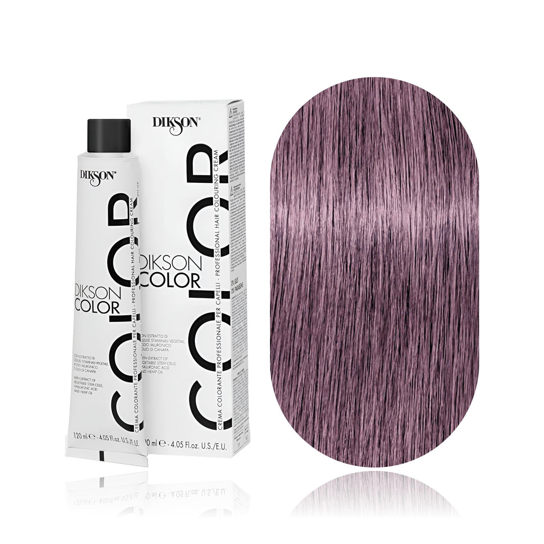 Dikson Color 8.02 Light Blonde Violet Pastel permanent hair color tube, box and hair swatch