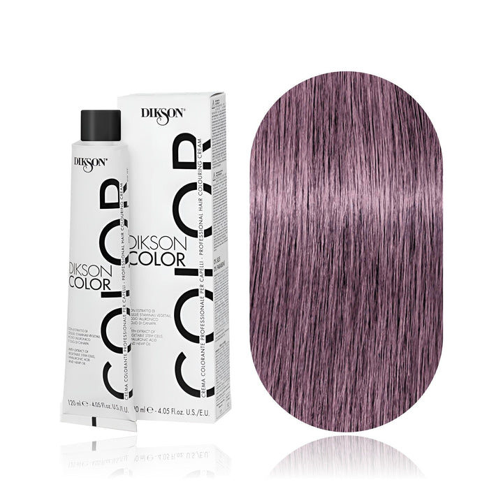 Dikson Color 8.02 Light Blonde Violet Pastel permanent hair color tube, box and hair swatch