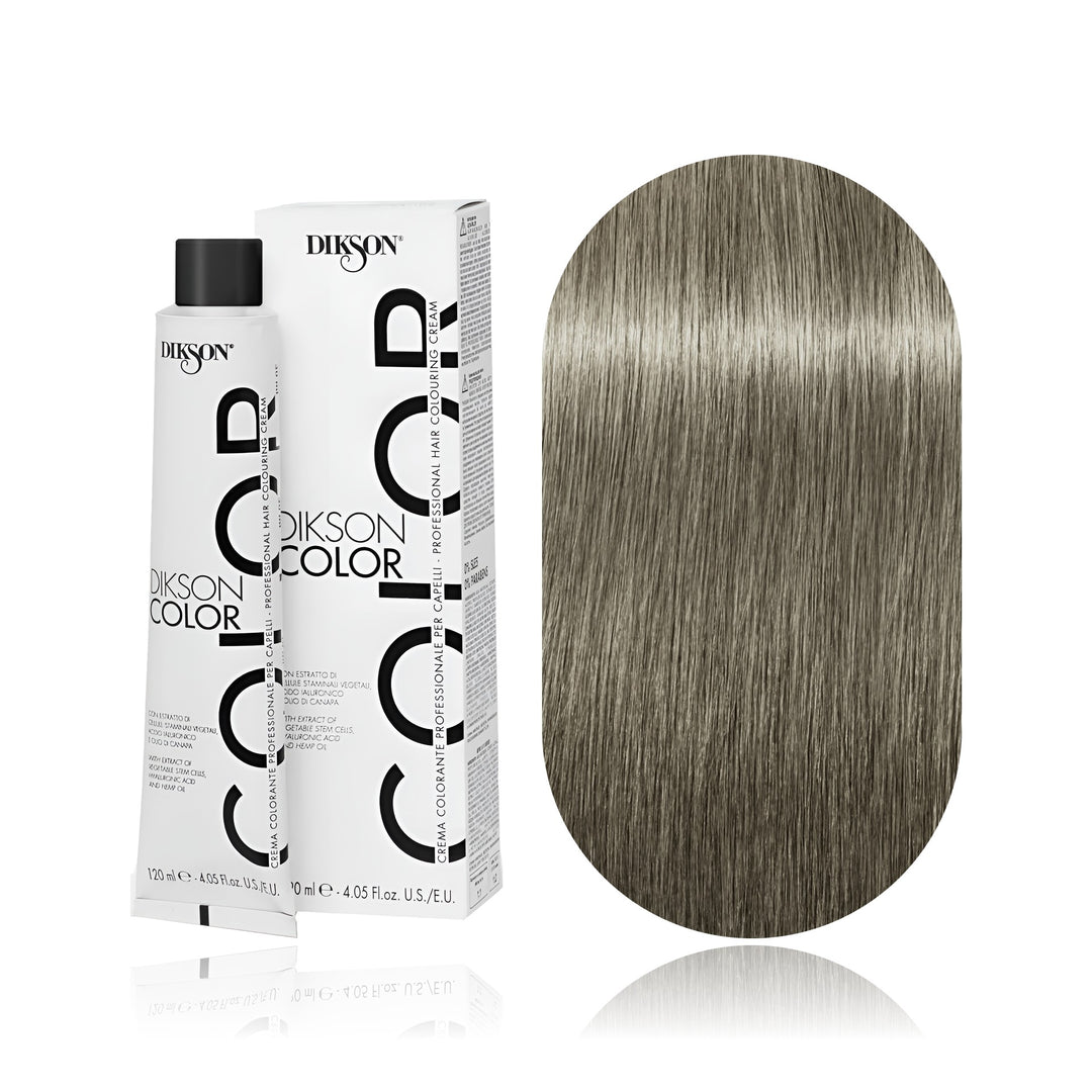 Dikson Color 8.1 Light Blonde Ash permanent hair color tube, box and hair swatch