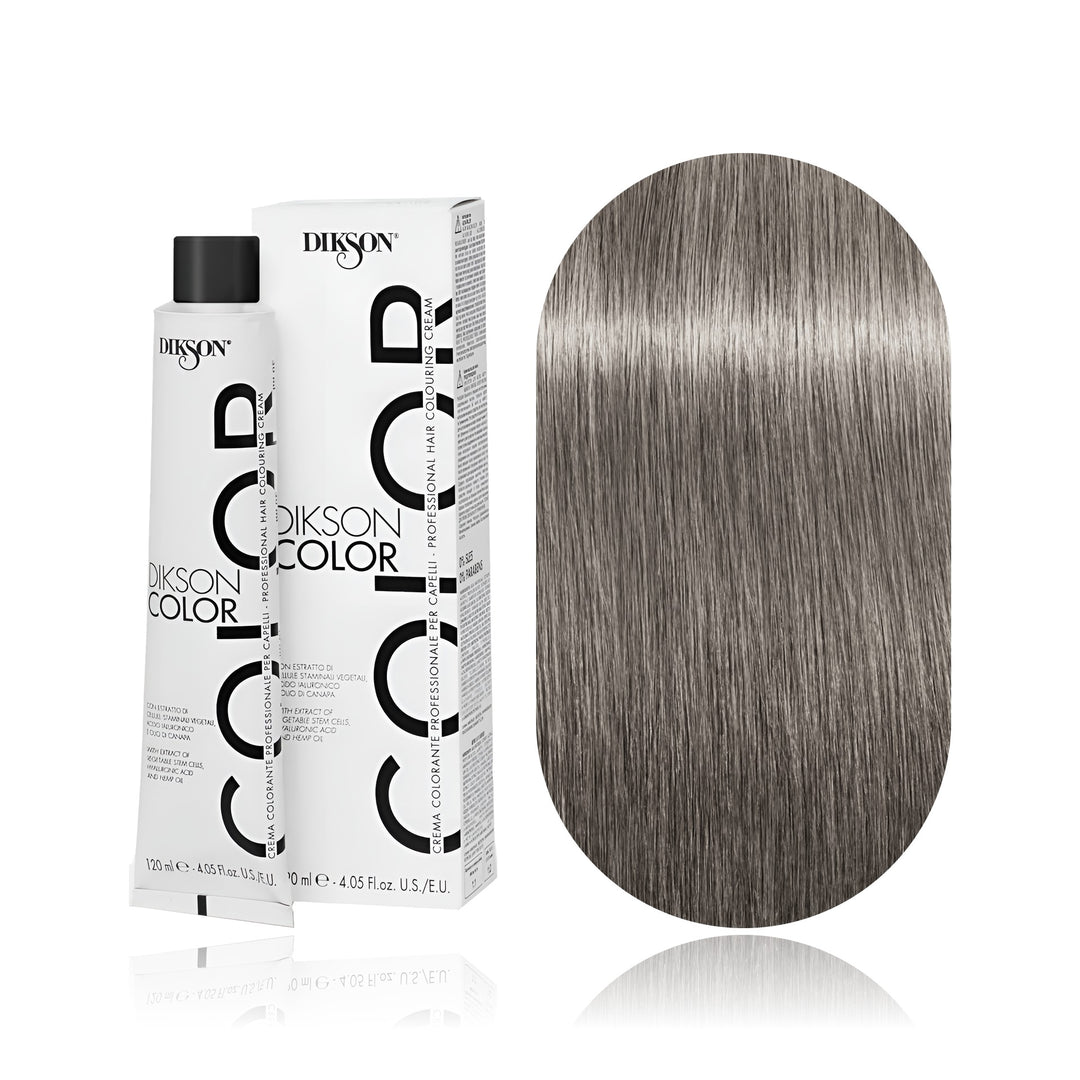 Dikson Color 8.11 Light Blonde Intense Ash permanent hair color tube, box and hair swatch