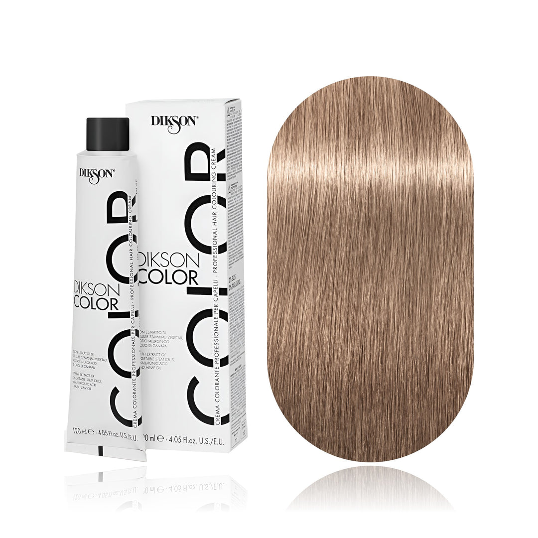 Dikson Color 8.13 Light Blonde Beige permanent hair color tube, box and hair swatch
