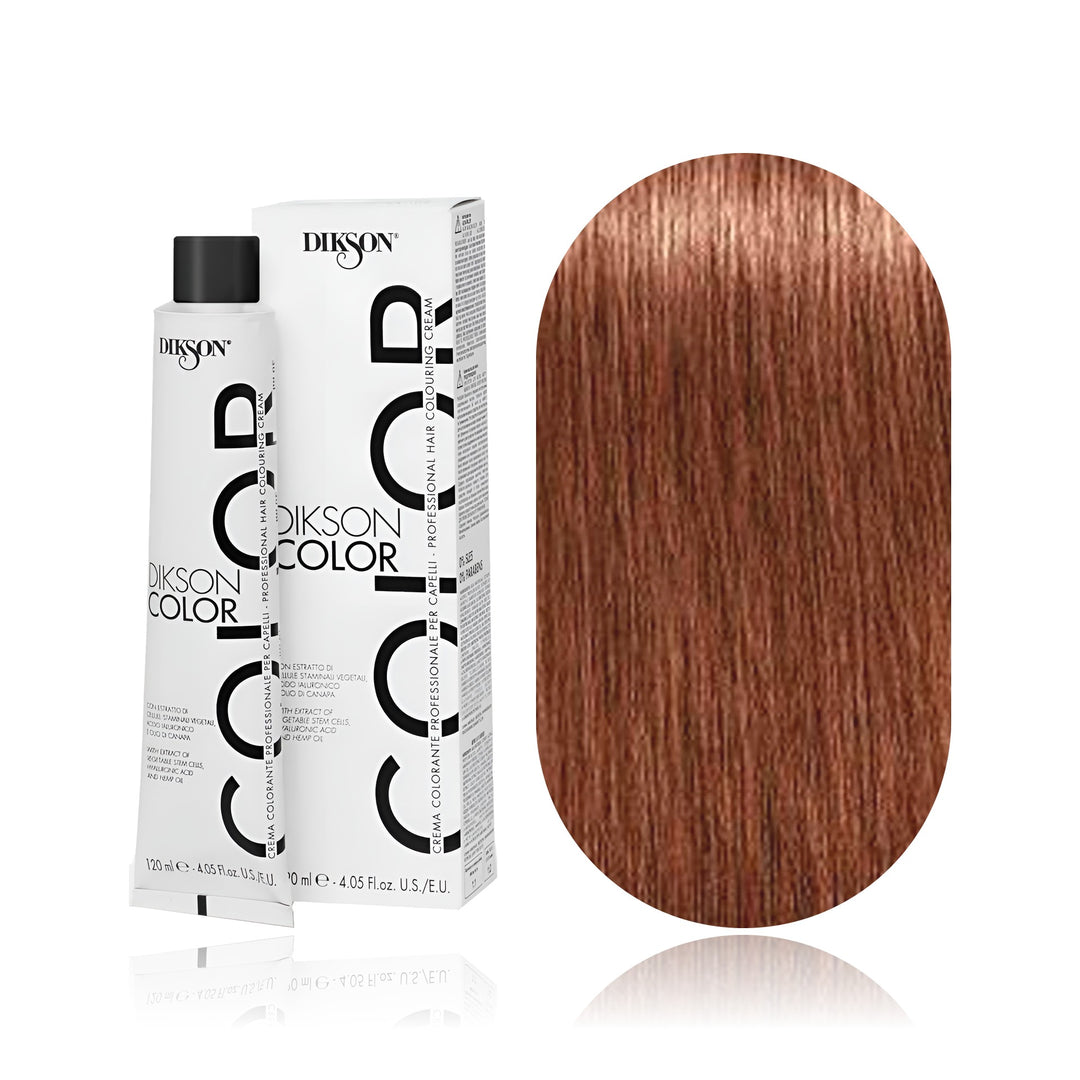 Dikson Color 8.34 Golden Copper Light Blonde permanent hair color tube, box and hair swatch