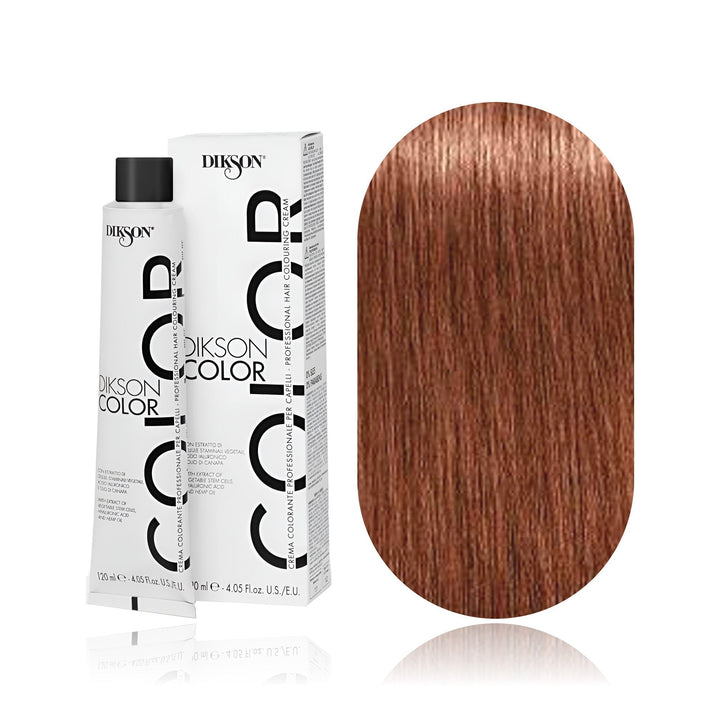 Dikson Color 8.34 Golden Copper Light Blonde permanent hair color tube, box and hair swatch