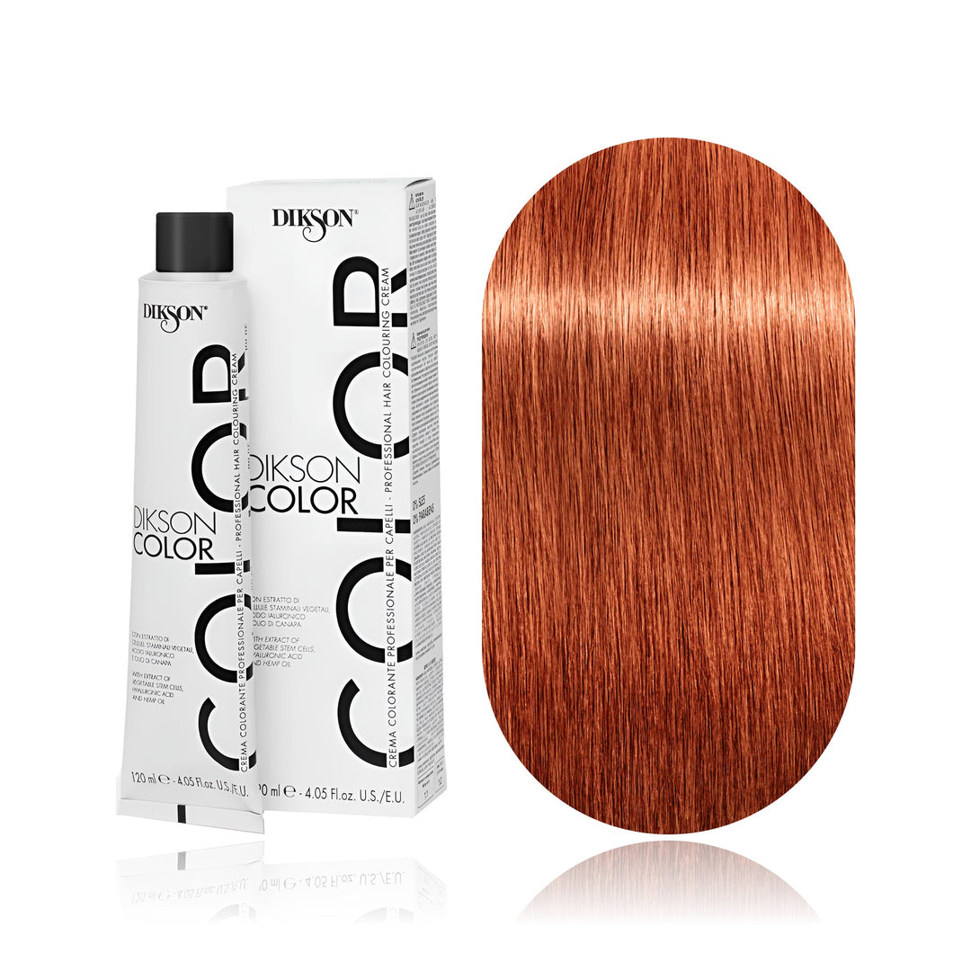 Dikson Color 8.44 Intense Copper Light Blonde permanent hair color tube, box and hair swatch