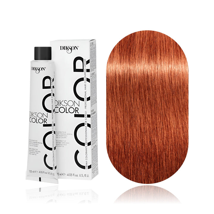 Dikson Color 8.44 Intense Copper Light Blonde permanent hair color tube, box and hair swatch