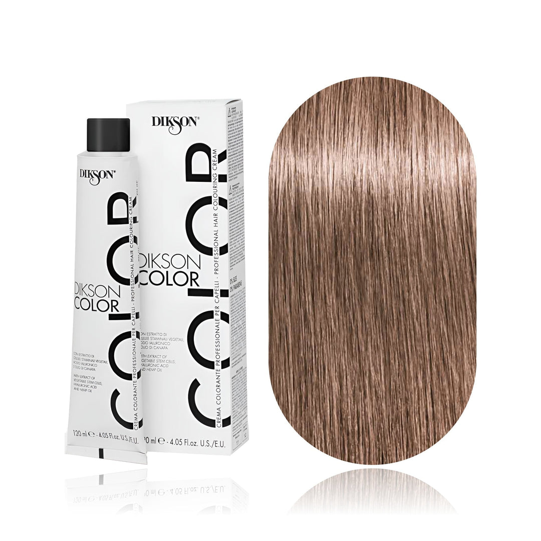 Dikson Color 8.7 Light Blonde Brown permanent hair color tube, box and hair swatch