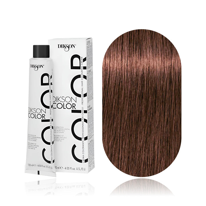Dikson Color 8.72 Light Blonde Chocolate permanent hair color tube, box and hair swatch