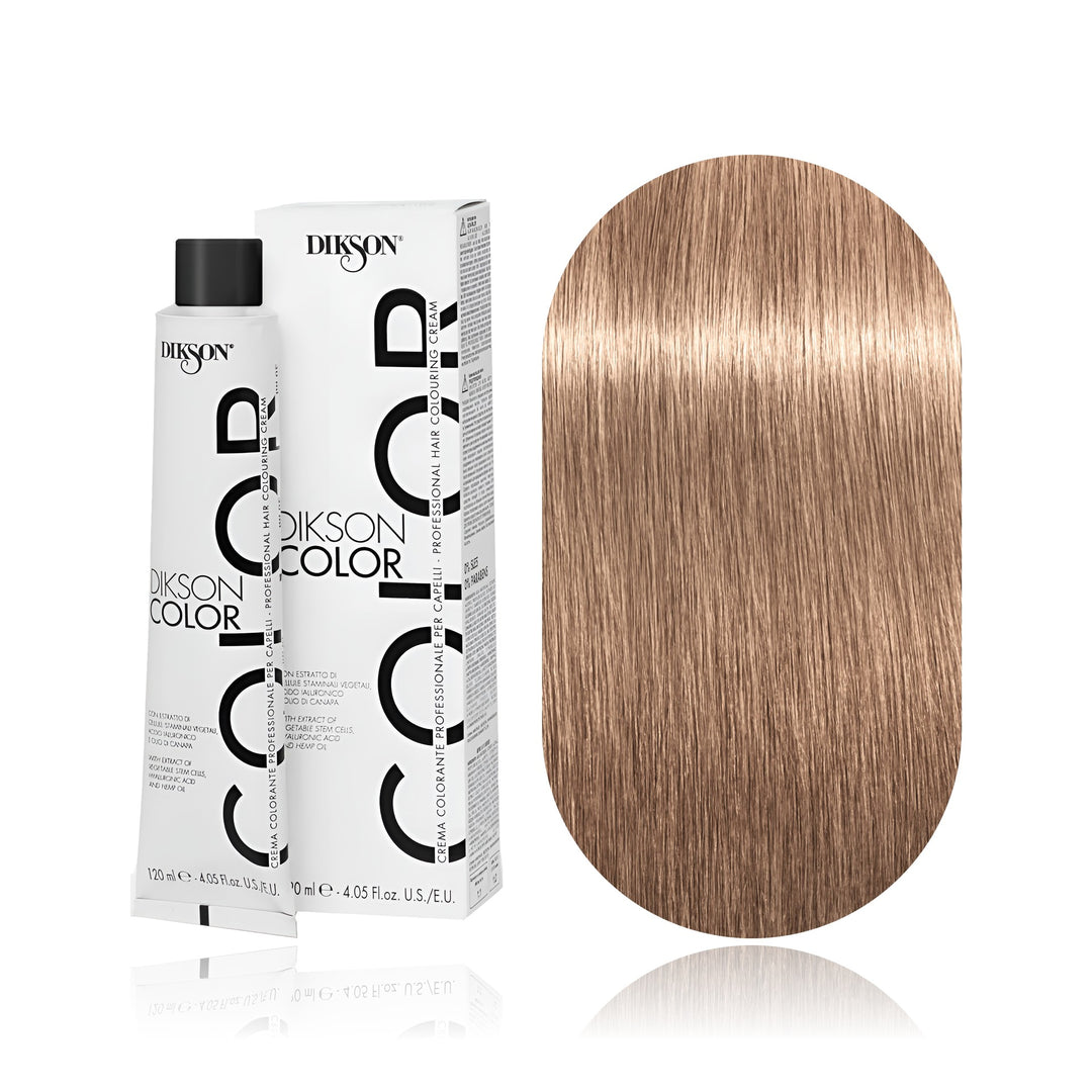 Dikson Color 8.73 Light Blonde Tobacco permanent hair color tube, box and hair swatch