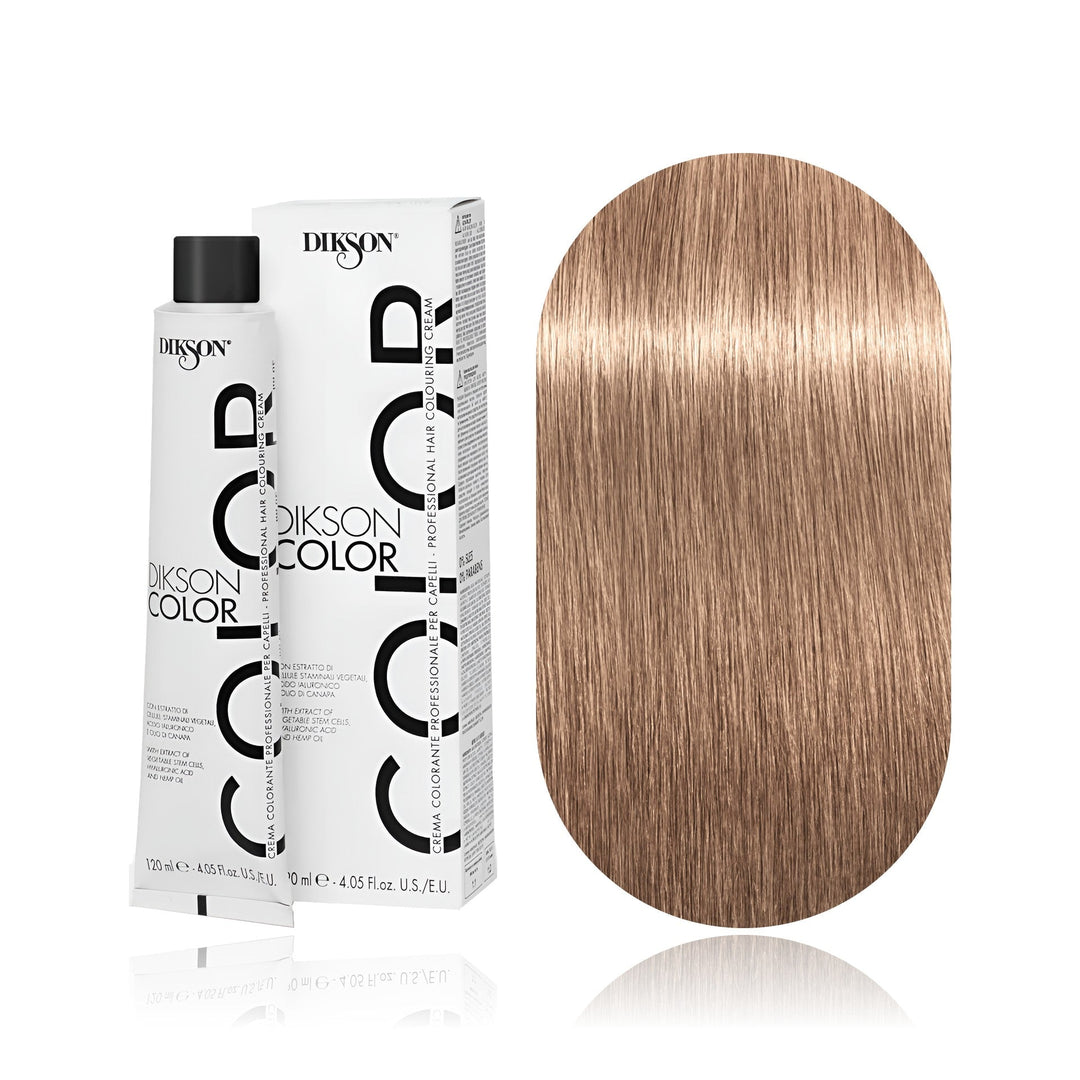 Dikson Color 8.73 Light Blonde Tobacco permanent hair color tube, box and hair swatch