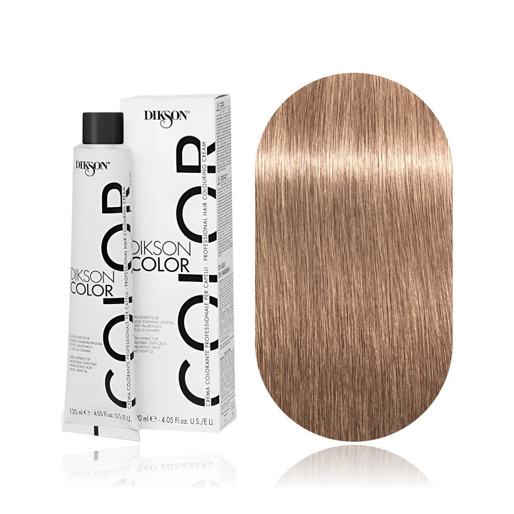 Dikson Color 8.73 Light Blonde Tobacco permanent hair color tube, box and hair swatch