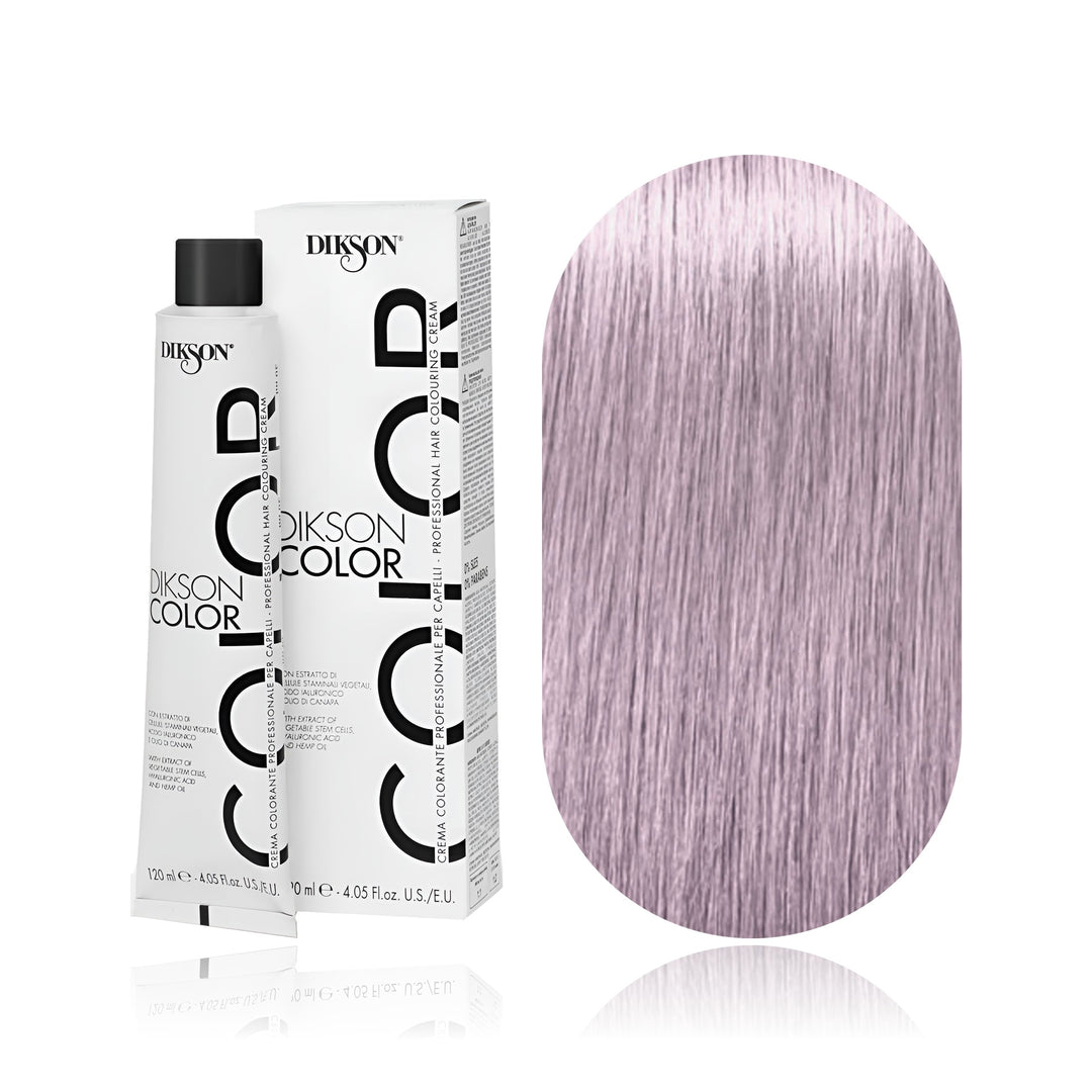 Dikson Color 9.02 Very Light Blonde Violet Pastel permanent hair color tube, box and hair swatch