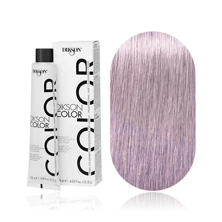 Dikson Color 9.02 Very Light Blonde Violet Pastel permanent hair color tube, box and hair swatch
