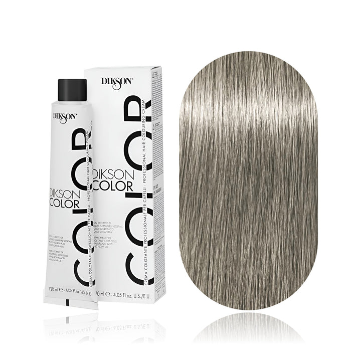 Dikson Color 9.1 Very Light Blonde Ash permanent hair color tube, box and hair swatch