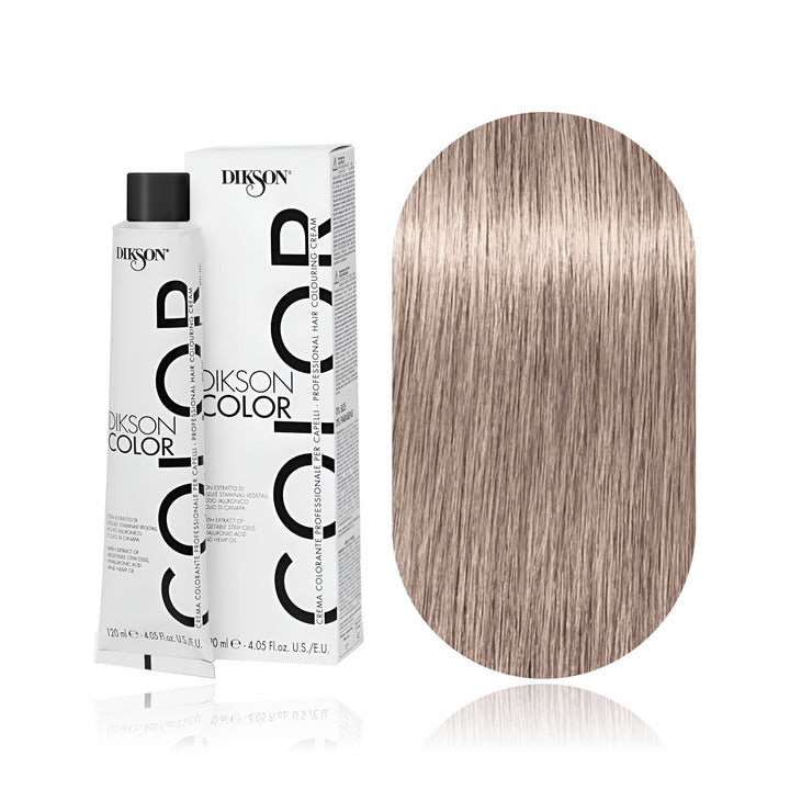 Dikson Color 9.7 Very Light Blonde Brown permanent hair color tube, box and hair swatch