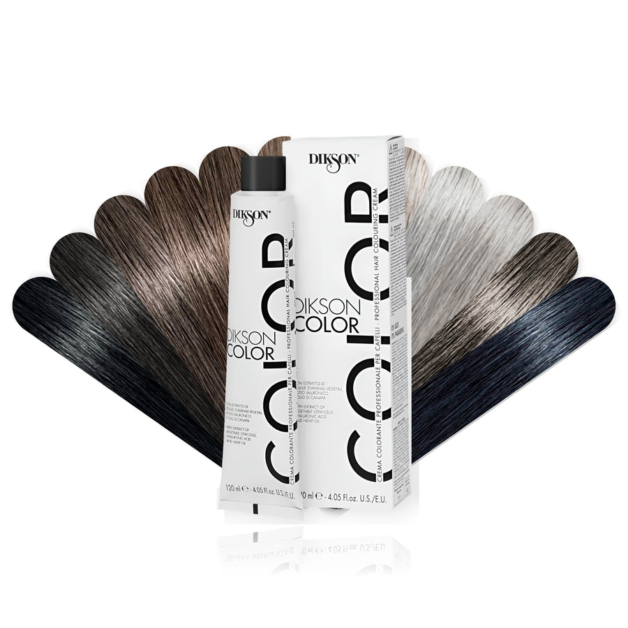 Dikson Color permanent hair color tube and box with naturals and cool tones shade fan