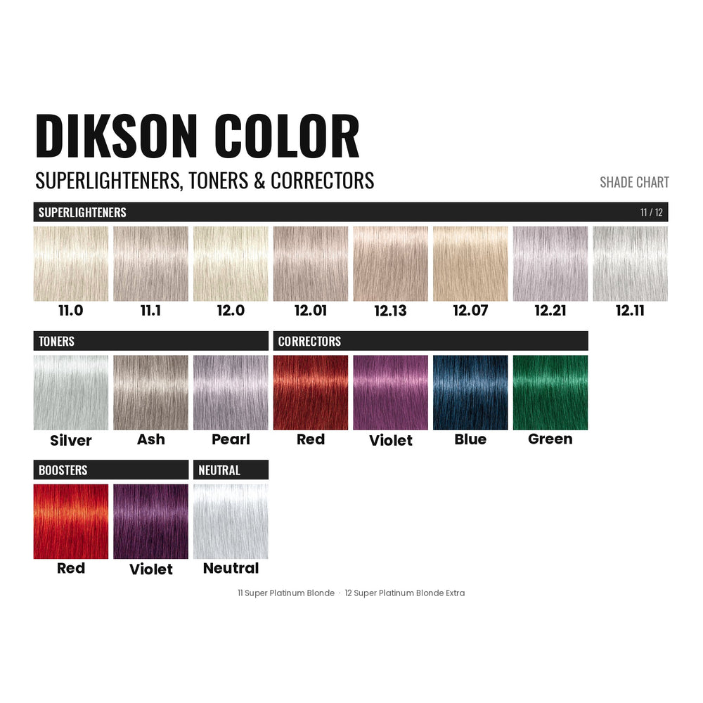 Dikson Color Superlighteners, Toners & Correctors shade chart