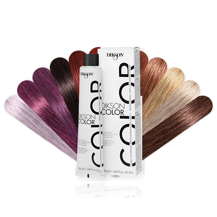 Dikson Color permanent hair color tube and box with warm and fashion tones shade fan