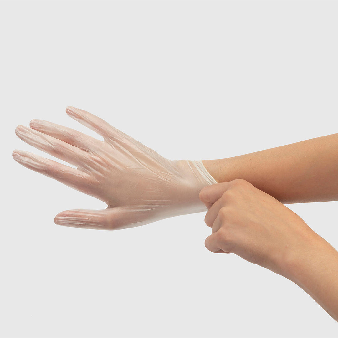 Fromm Clear Vinyl Powder Free Gloves worn on hand