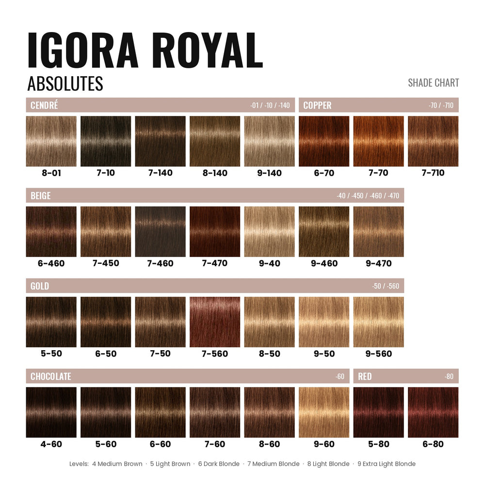 Schwarzkopf IGORA Royal Absolutes shade chart: cendré, beige, gold, chocolate, copper and red shades
