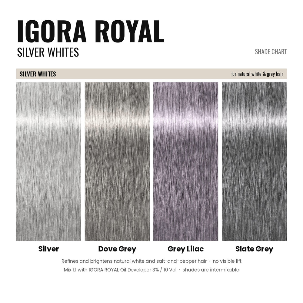 Schwarzkopf IGORA Royal Silver Whites shade chart: Silver, Dove Grey, Grey Lilac, Slate Grey