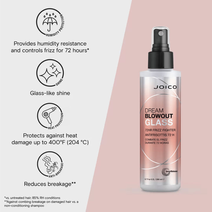 Joico Dream Blowout Glass 72HR Frizz Fighter - benefits: 72-hour frizz control, glass-like shine, heat protection to 400°F