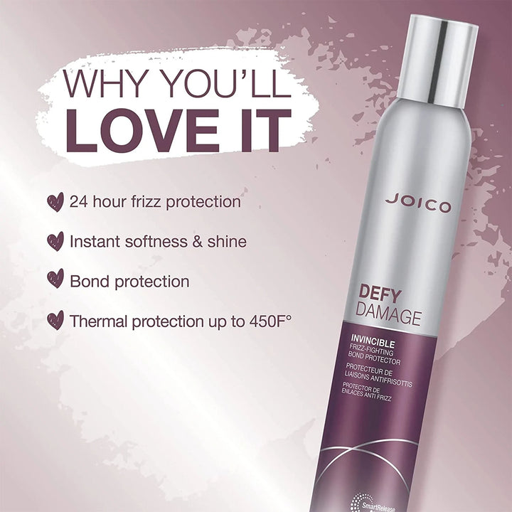 Joico Defy Damage Invincible Frizz-Fighting Bond Protector - key benefits: 24-hour frizz protection, softness and shine, bond protection, heat protection to 450F