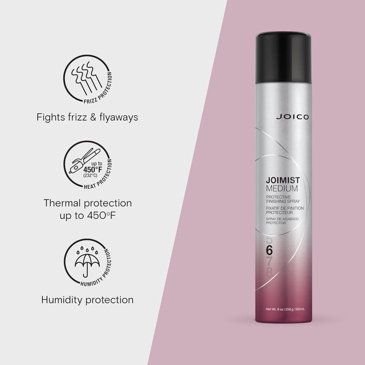 Joico JoiMist Medium Protective Finishing Spray - benefit icons: fights frizz, thermal protection up to 450°F, humidity protection