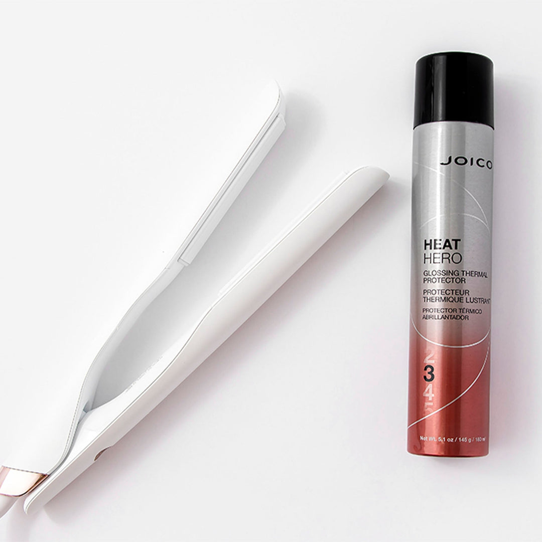 Joico Heat Hero Glossing Thermal Protector - lifestyle with flat iron