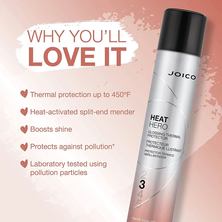 Joico Heat Hero Glossing Thermal Protector - benefits: thermal protection up to 450°F, heat-activated split-end mender, shine, pollution protection