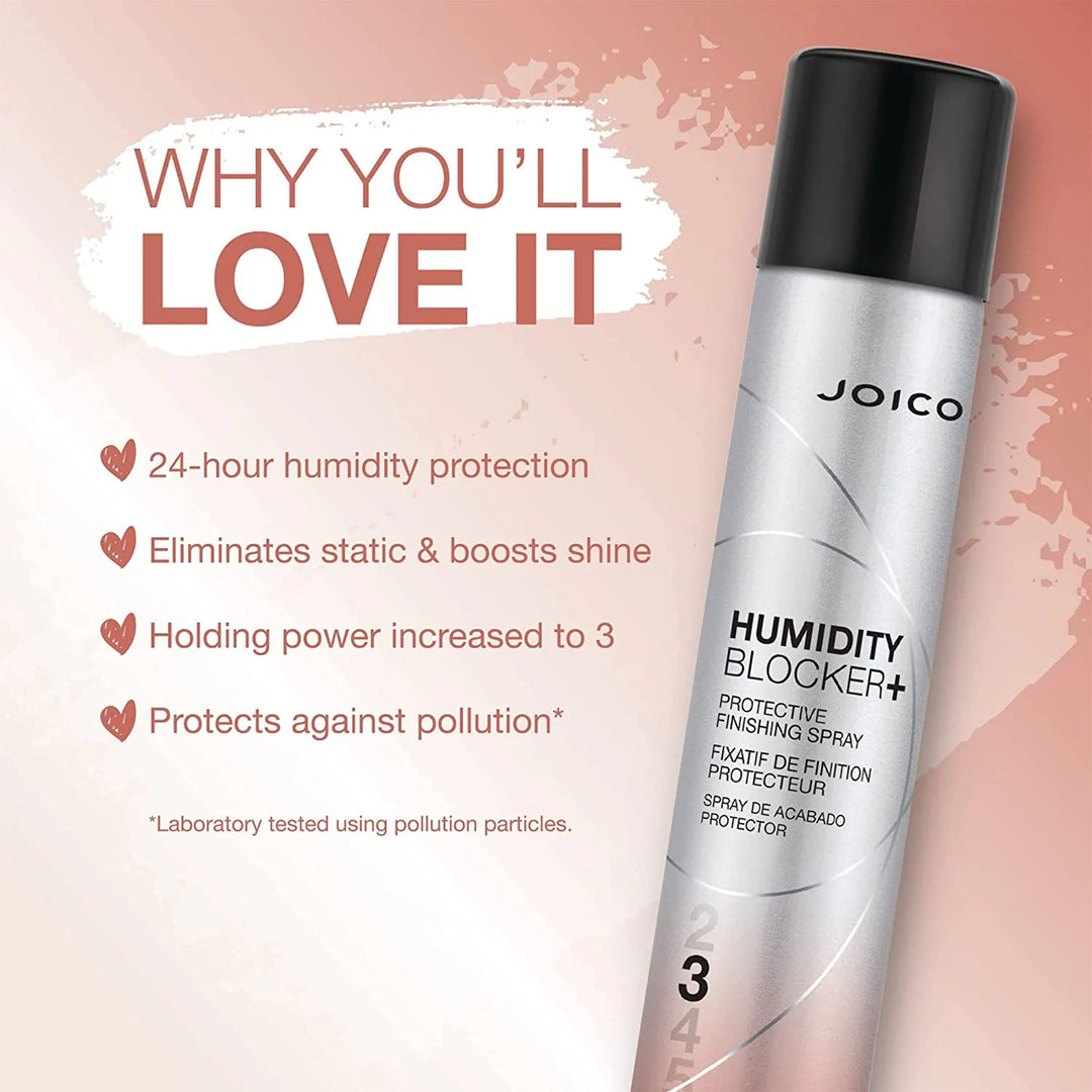 Joico Humidity Blocker+ Protective Finishing Spray - benefits: 24-hour humidity protection, eliminates static, boosts shine, hold level 3