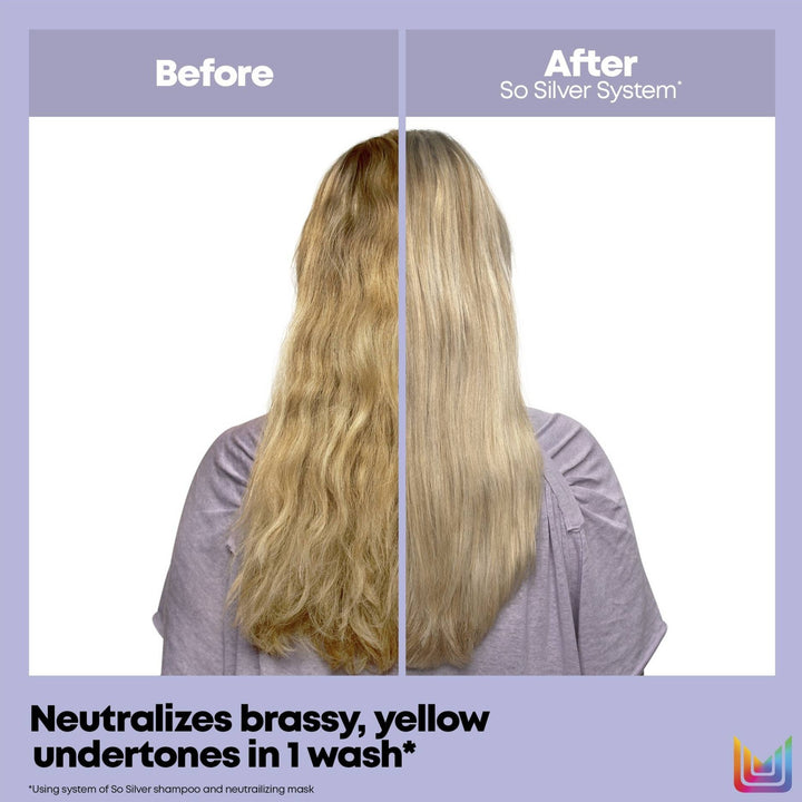 Matrix So Silver Purple Shampoo - before and after, brassy yellow tones neutralized