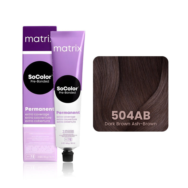 Matrix SoColor Pre-Bonded Extra Coverage 504AB (Dark Brown Ash-Brown) permanent hair color tube, box and hair swatch