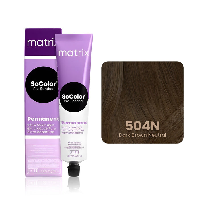 Matrix SoColor Pre-Bonded Extra Coverage 504N (Dark Brown Neutral) permanent hair color tube, box and hair swatch